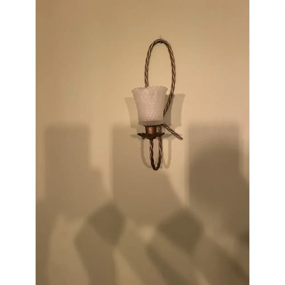 2 VTG Gold Twisted Rope Wall Sconce Candle Holders w/Hobnail Frost Glass Votives